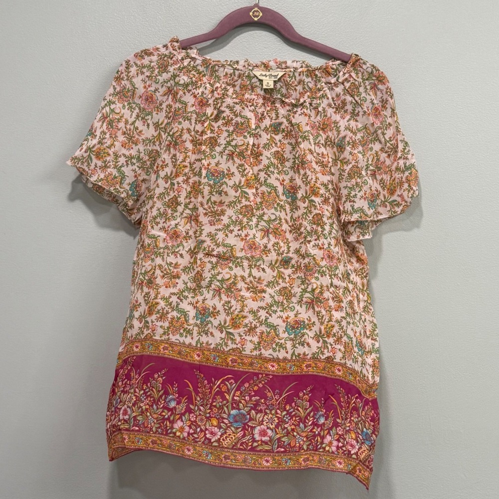 Lucky Brand Womens Floral Peasant sheer Top Short Flutter Sleeve Small